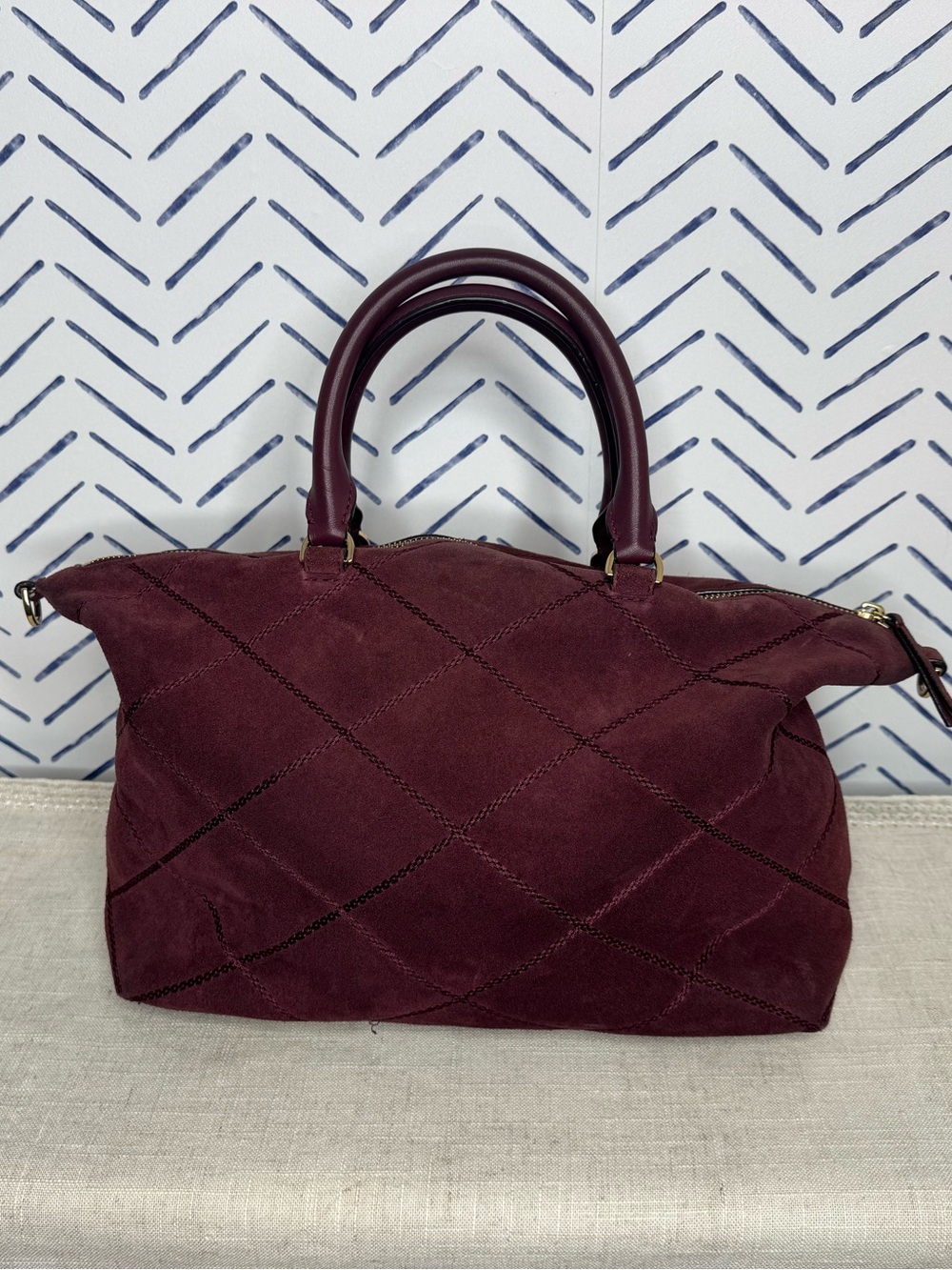 Tory Burch Frida Suede Quilted Satchel Plum Gold EXCELLENT - Picture 6 of 11